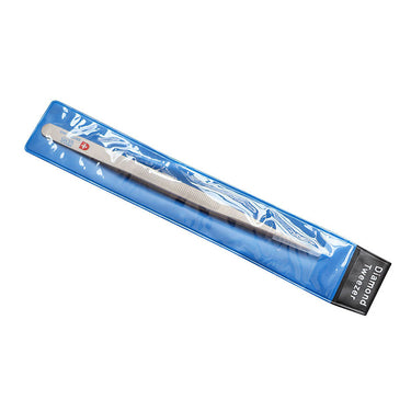 Stainless steel gemstone diamond tweezer packed inside blue vinyl protective storage pouch.