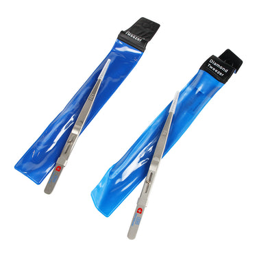 Diamond tweezers with slide lock mechanism displayed with blue protective vinyl storage pouches.
