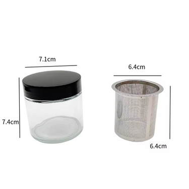 Dimensions of diamond washing cup: glass jar is 7.4cm by 7.1cm, stainless steel mesh basket is 6.4cm by 6.4cm.