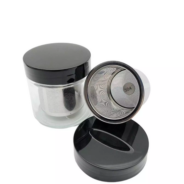 Disassembled diamond washing cup showing the glass jar, black lid, and 304 stainless steel mesh basket.