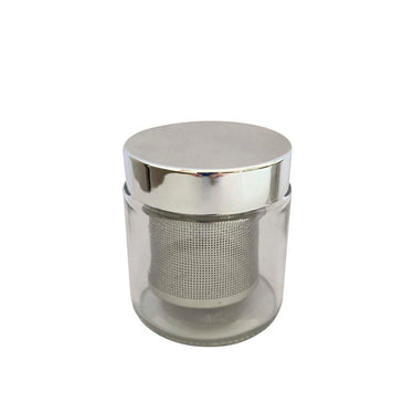 Glass diamond washing cup with a silver lid and internal stainless steel strainer basket.