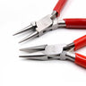 Close-up of DICK brand round nose and chain nose pliers with red handles for jewelry making.