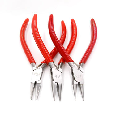 Three DICK jewelry pliers including round, chain, and flat nose styles arranged vertically.