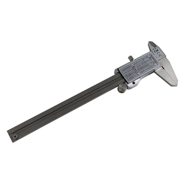 Back view of the digital display stainless steel caliper showing the conversion matrix chart.