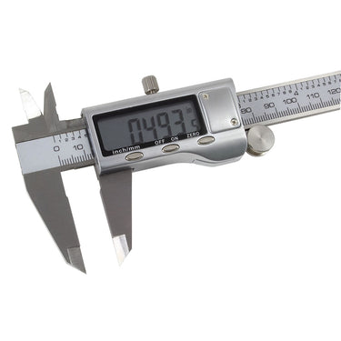 Close-up view of the electronic display on a stainless steel digital caliper showing inches.
