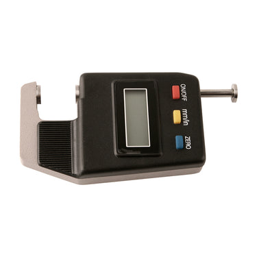 Side profile of a digital pocket gem gauge lying flat horizontally with its measuring rod extended.