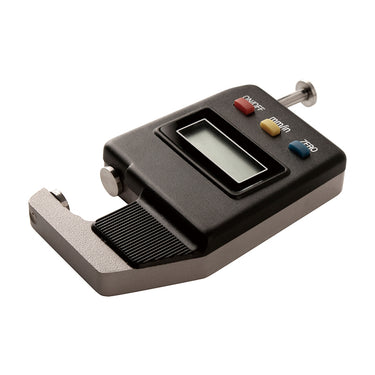 A perspective angled view of a black digital pocket gemstone thickness gauge on a white background.