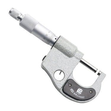 The back profile of a silver textured metal micrometer frame showing its serial number plaque.
