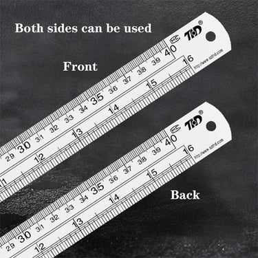 Two identical steel rulers arranged diagonally to display both the front and back usable sides.