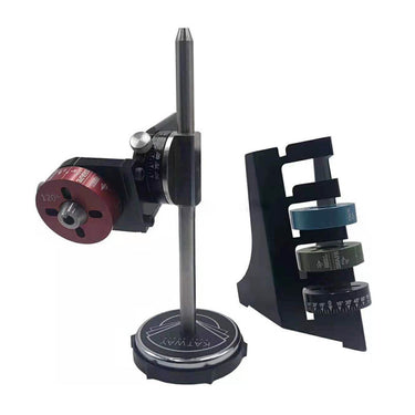 Dual-angle graver sharpening fixture post with angle indexing collar and template stand.