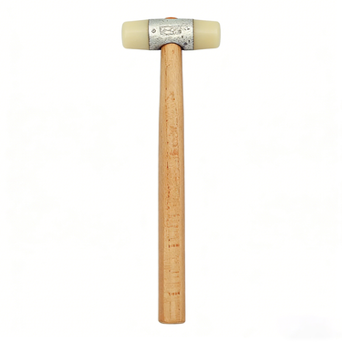 Vertical studio view of dual-end white nylon mallet with cast metal collar and ash wood handle.