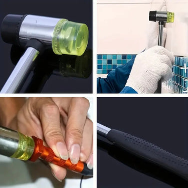 Four application panels showing soft rubber mallet used for jewelry truing, tiling, and leathercraft.