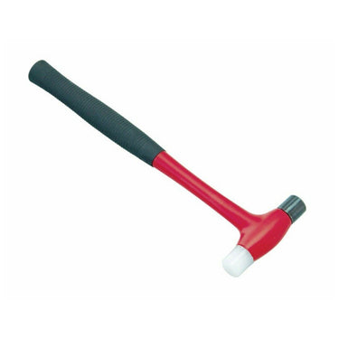 Angled view of compact dual-head watch repair mallet showing white nylon face and red shank.