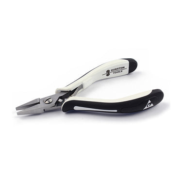 Side profile of Durston 115mm flat nose plier with black and white ergonomic grips.