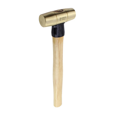 Upright vertical view of a Durston 2lb brass stamping mallet showing the laser-engraved logo on the solid head.