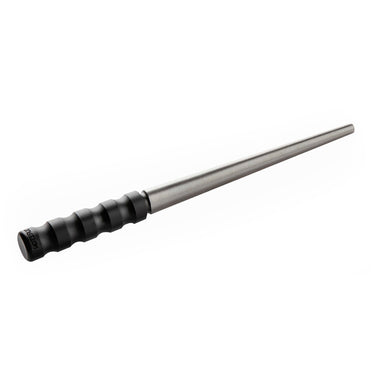 Diagonal view of Durston hardened oval ring mandrel with black ribbed handle on the left.