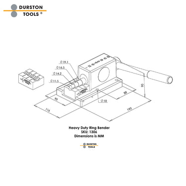 Technical dimension schematic diagram for Durston heavy-duty ring bender SKU 1306.