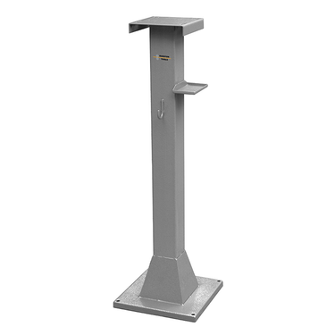 A 3/4 perspective view of the empty grey steel Durston micro pedestal stand.