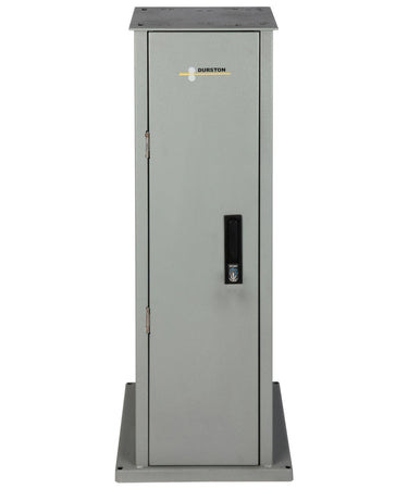 Front view of the Durston Micro Pedestal Stand featuring a lockable door and grey finish.