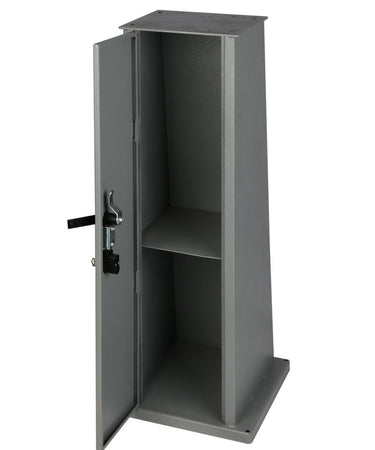 Durston Micro Pedestal Stand with door open showing internal storage shelf for tools.