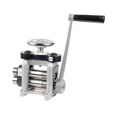Right perspective view of the compact Durston Mini C100E manual rolling mill on a white background