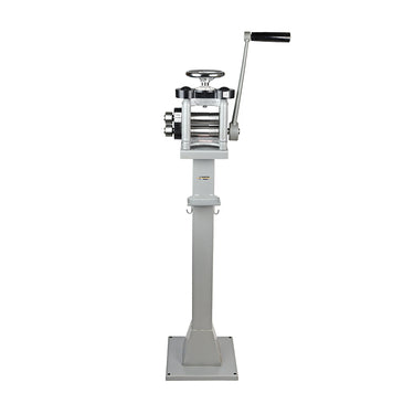 Full vertical view of the Durston Mini C100E manual rolling mill mounted securely on a metallic pedestal stand
