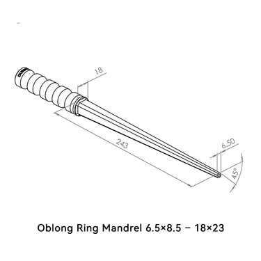 Dimension drawing for Durston oblong ring mandrel 6.5x8.5 to 18x23 showing 243mm long shaft specifications.