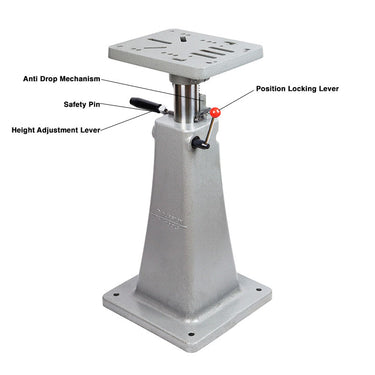 Product diagram of the Durston stand labeling the height adjustment lever, safety pin, and position locking lever.