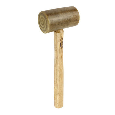 A vertical view of a Durston rolled rawhide mallet standing upright with the brand logo visible on the handle.
