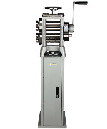 Durston manual rolling mill mounted on a Micro Pedestal Stand for jewelry workshops.