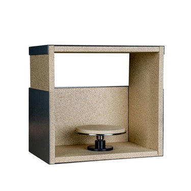 Durston protective soldering station booth with a ceramic-topped turntable inside, viewed from a right angle.