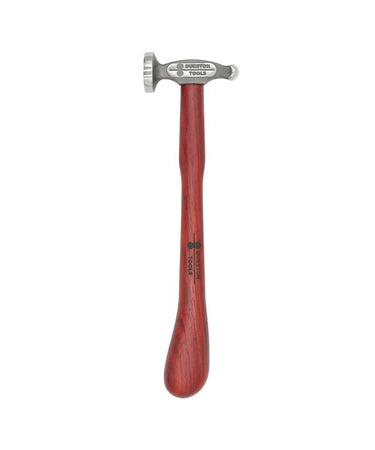Upright vertical view of a Durston superior chasing hammer with a pistol grip style wooden handle.