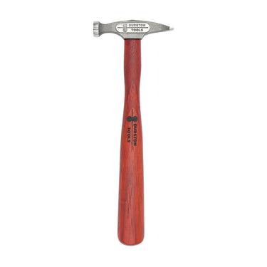 Straight upright vertical view of a Durston superior goldsmith hammer with a flat round face and pointed peen.