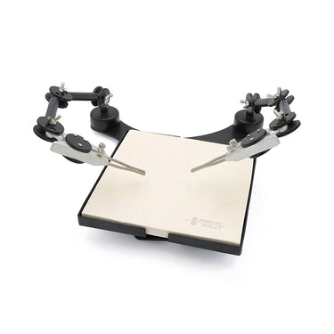 High angle view of the Durston dual third hand soldering platform showing adjustable multi-jointed arms.