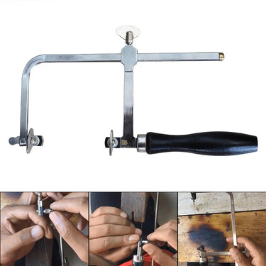 Adjustable jeweler saw frame with lower panels illustrating piercing blade installation steps.