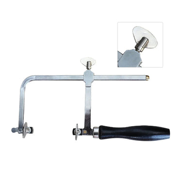 Horizontal view of adjustable jeweler saw frame with inset of knurled tension adjustment thumbscrew.