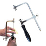 Economic adjustable jeweler saw frame with black wooden handle shown alongside cutting demonstration.