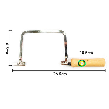 Dimension diagram for small economical jeweler saw frame showing 10.5cm throat and 26.5cm length.