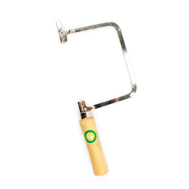 Small depth economical jeweler saw frame with wooden handle and steel thumbscrews.
