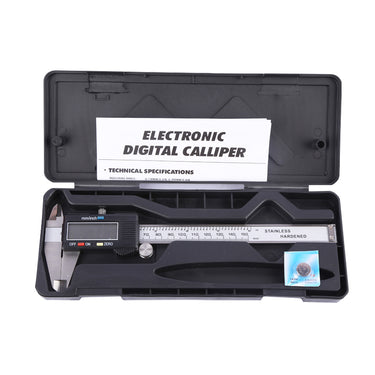 An electronic digital caliper tool set inside its open black plastic protective storage case with a spare battery.