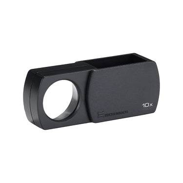 Eschenbach 10x magnifier fully extended with lens exposed and German branding visible.
