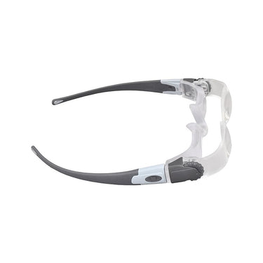 Top-down view of MaxDetail loupes showing the ergonomic dark grey temple arms and adjustable frame.