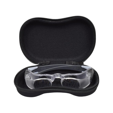 Eschenbach MaxDetail binocular loupes stored safely inside a black hardshell protective zipper case.