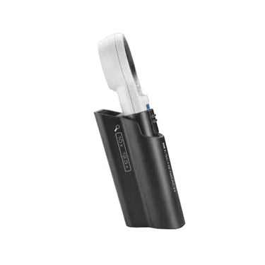 Mobilux LED magnifier inserted vertically into the Mobase stand for stable viewing.
