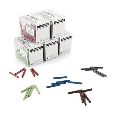 Bulk storage boxes and scattered 2x20mm EVE Eveflex silicone pins for professional jewelry polishing.