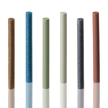 Upright display of EVE Eveflex 2x20mm polishing pins highlighting the different grit levels by color.