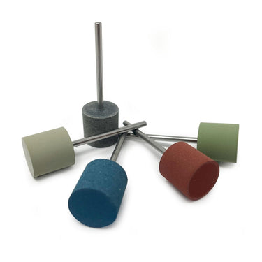 Five scattered EVE Eveflex Technik 14x12mm cylinder polishers on stalks for rotary tool use.