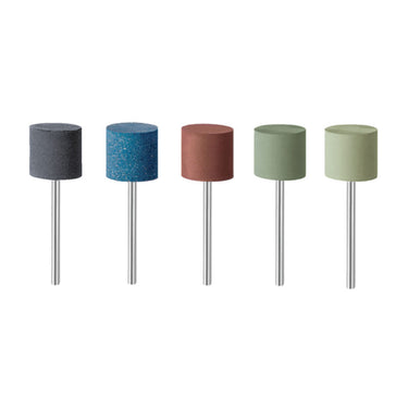Row of five EVE Eveflex Technik 14x12mm silicone polishers showing the full grit range from coarse to extra-fine.