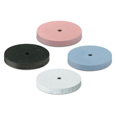 Four unmounted EVE universal 22x3mm silicone polishing wheels arranged in a circle on a white background.