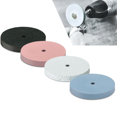 Four silicone polishing wheels with an inset image showing a white wheel mounted on a rotary tool polishing a metal piece.
